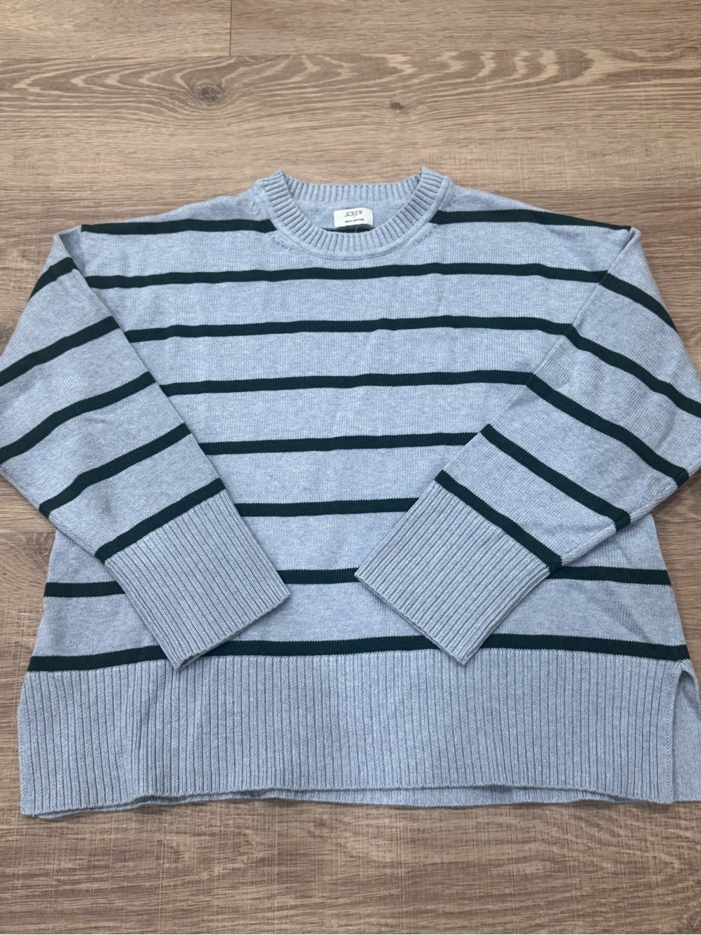 J.Crew 100% Cotton Baby Blue Forest Green Striped Crewneck Sweater